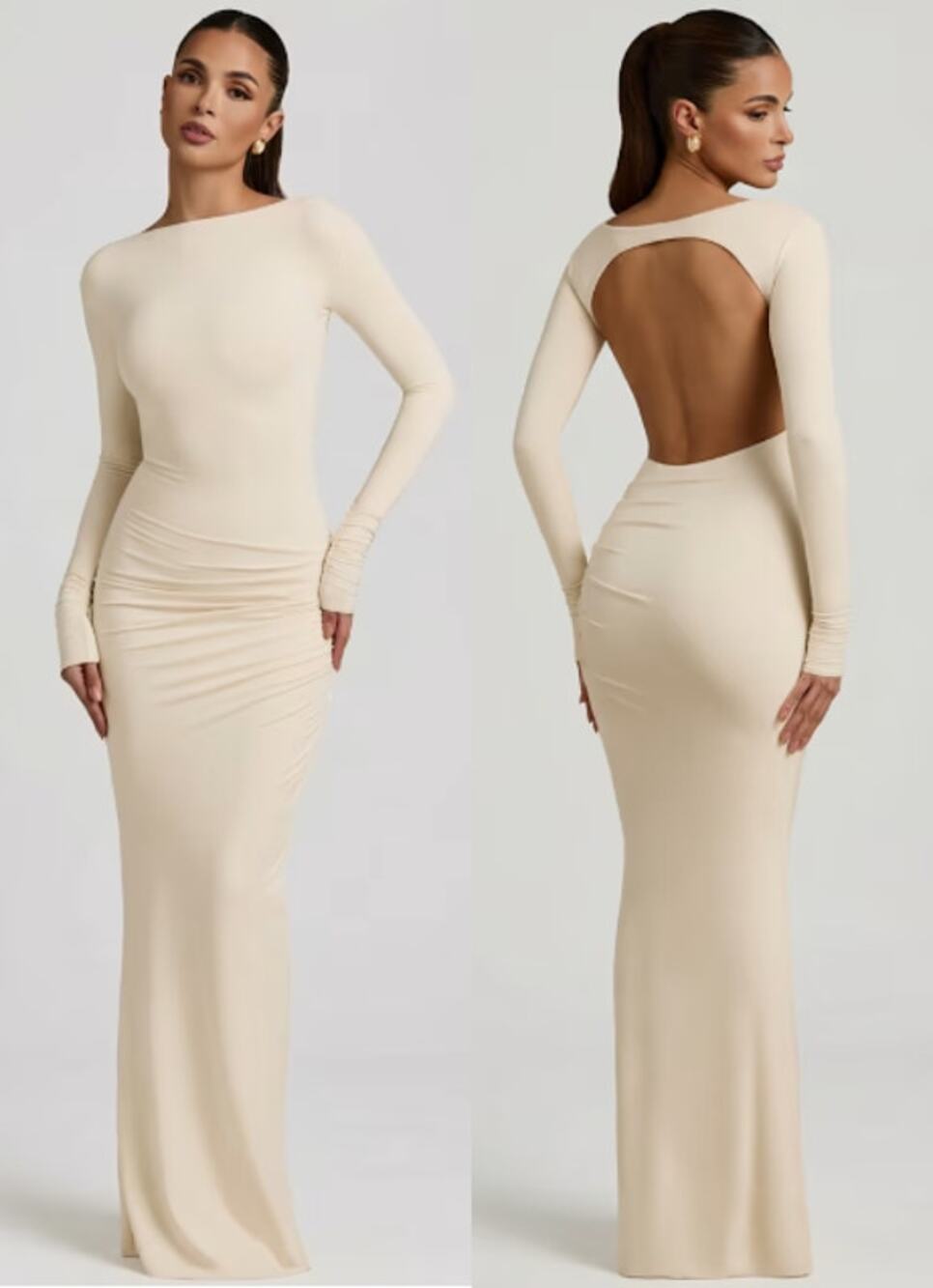 NWT Oh Polly Regine Modal Ruched Backless Maxi Dress Ivory Women's Size Medium